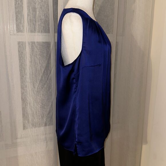 Talbots L Midnight Blue Pleated Chest Back Button Keyhole Sleeveless Blouse - Picture 5 of 9